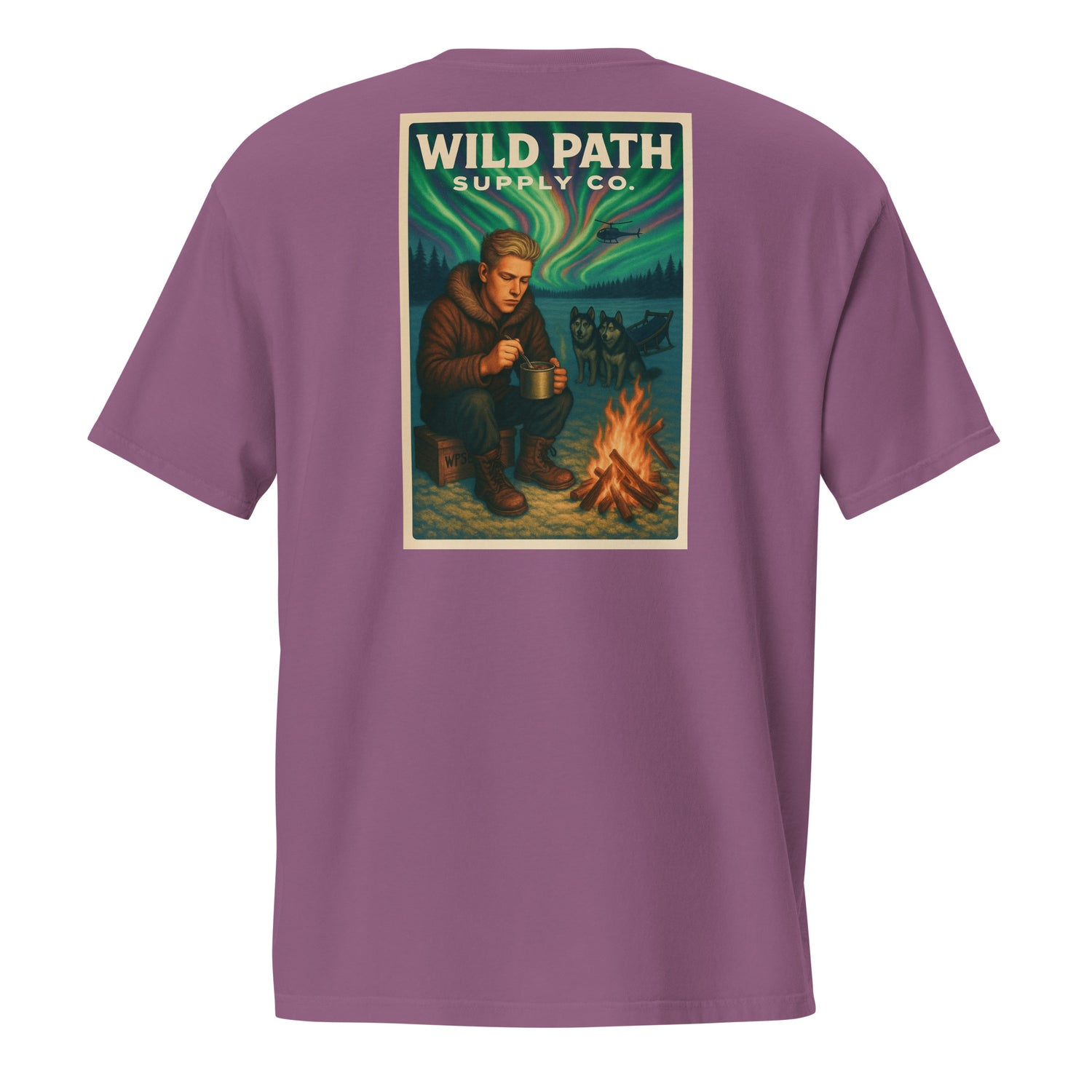 Northern lights adventure graphic tee on white background